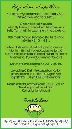 Seurakunta tiedottaa Sanajumalanpalvelus kirkossa sunnuntaina 23.10. klo 10. Lähetyskahvila. Raamattupiiri maanantaina 24.10. klo 18 Sarpatissa. Syyslomaviikolla, viikko 43, ei kuoroja.