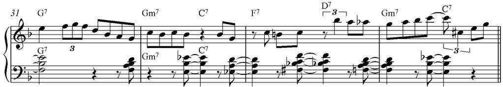 14 Tahdissa 49 esiintyvä vasemman käden Bud Powell -sointuhajotus koostuu soinnun perusäänestä ja pienestä septimistä.
