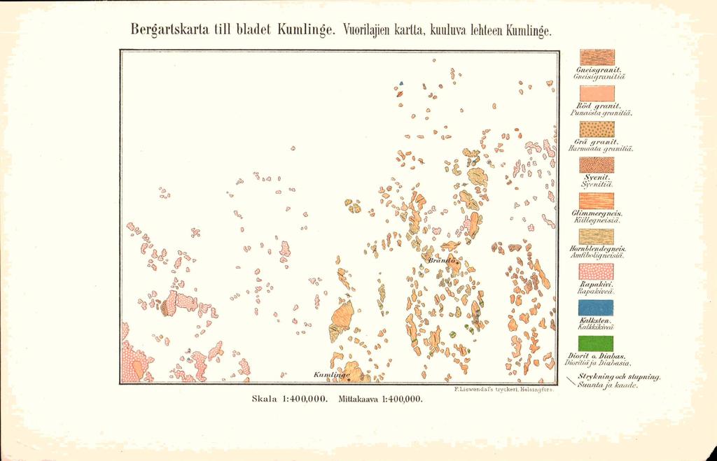 Bergartskarta (ill bladet Kumlinge. Vuorilajien kartta, kuuluva lehteen Kunilinge. Gne is (f ran it. Gntisigranititi WM. Rod granit. Punaistagra nit'iä. WM Ord granit. Harmaata granitiä.