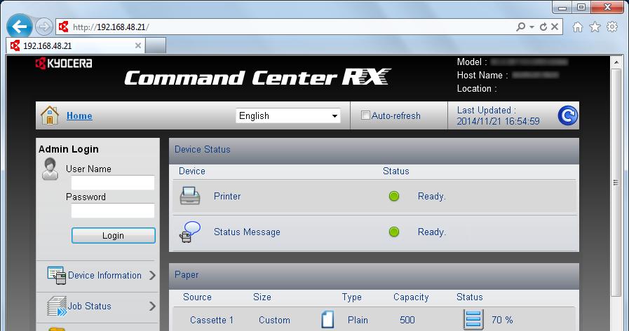 Koneen asennus ja asetukset > Command Center RX Pääsy Command Center RX 1 Avaa näyttö. 1 Käynnistä WWW-selain. 2 Kirjoita osoite- tai sijaintiriville koneen IP-osoite tai isäntänimi.