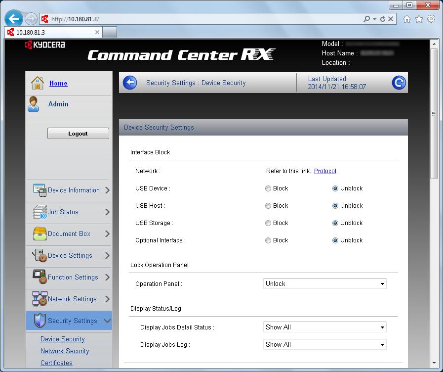 Koneen asennus ja asetukset > Command Center RX 2 Määritä suojausasetukset.