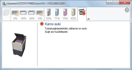Tulostaminen tietokoneelta > Status Monitor Hälytys-välilehti Jos tapahtuu virhe, näytetään ilmoitus 3D-kuvakkeen ja viestin kanssa.