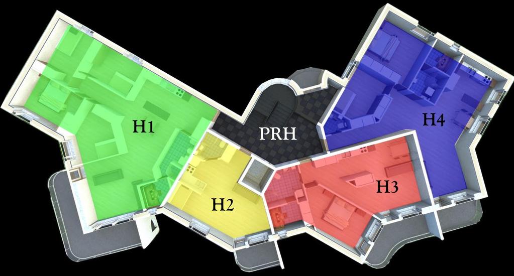 17 KUVA 5. Kerroksen huoneistot eroteltuina eri värein (Korhonen 2014) KUVA 6. Kerroksen huoneistojen tilajärjestely eri lattiamateriaalein esitettynä.