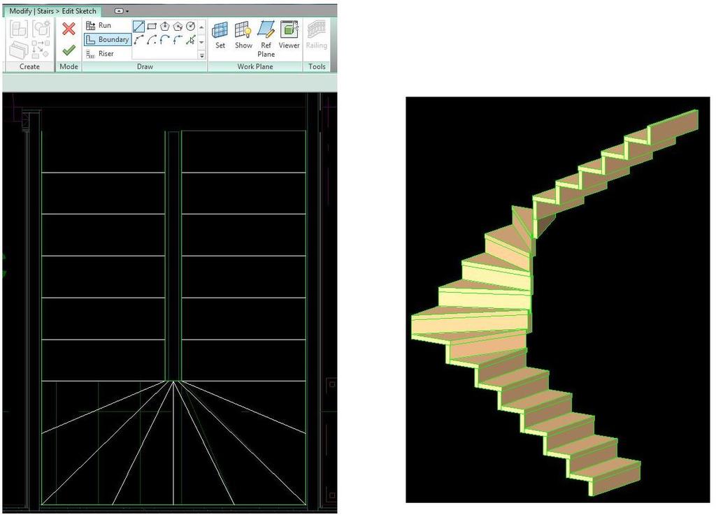 27 KUVA 20. U-tyyppisen portaan mallinnusta stair by sketch -työkalua käyttäen Yleisten tietomallivaatimusten (YTV2012) mukaan kiintokalusteet ja laitteet mallinnetaan kalustetyökalulla.