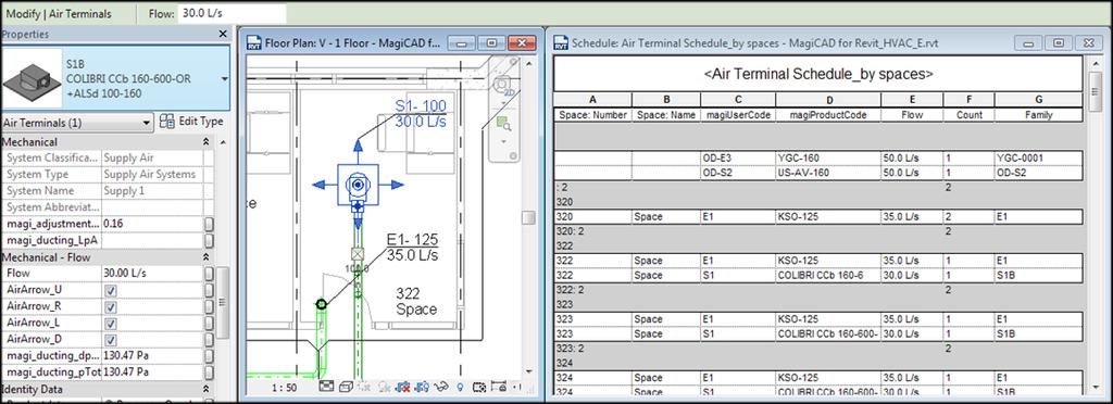 16 Kuva 5. Kuvassa on osa Revit-projektin ominaisuus-paneelista, ilmanvaihtonäkymästä sekä projektin ilmanvaihtopäätelaiteluettelo.