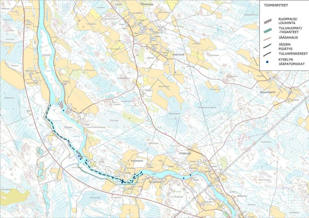 FCG SUUNNITTELU JA TEKNIIKKA OY Raportti 8 (40) 3.3.4 Helaakoski Kuva 6. Jääsahauskartta v. 2013 sekä lähialueen tulvasuojelutoimenpiteet.