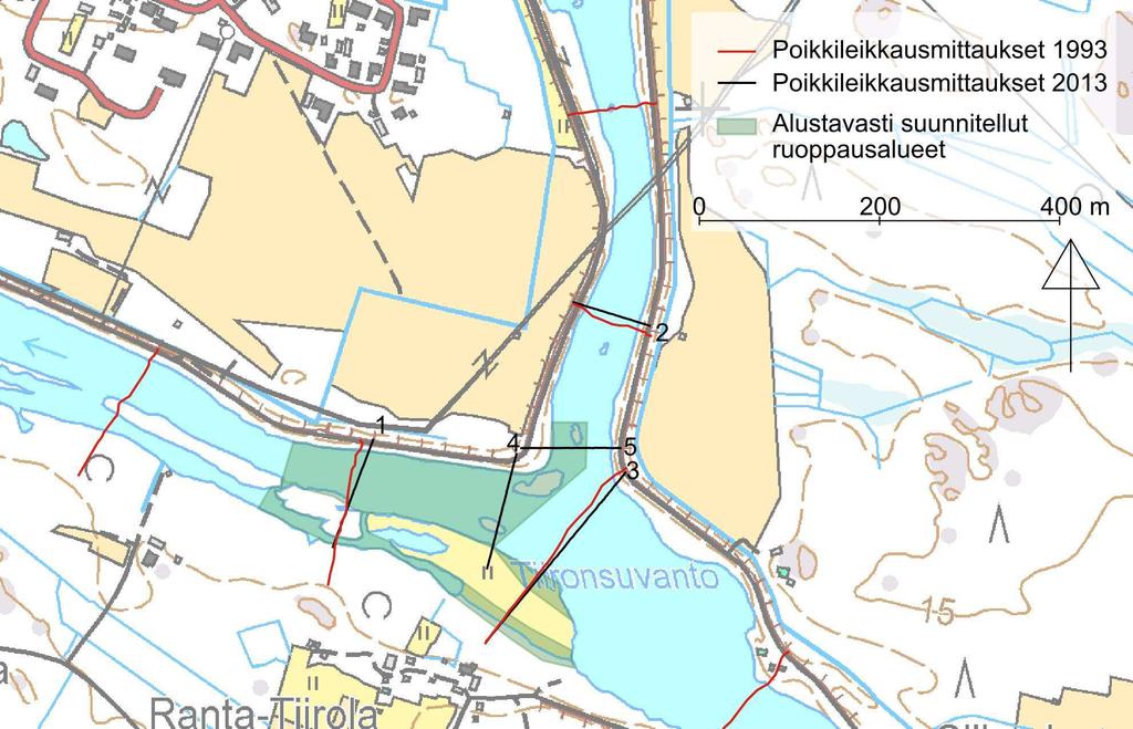 FCG SUUNNITTELU JA TEKNIIKKA OY Raportti 14 (40) Kuva 12. Tiironsuvannon alaosan sekä etelä- ja pohjoishaaran yläosan poikkileikkausmittaukset 1993 ja 2013.