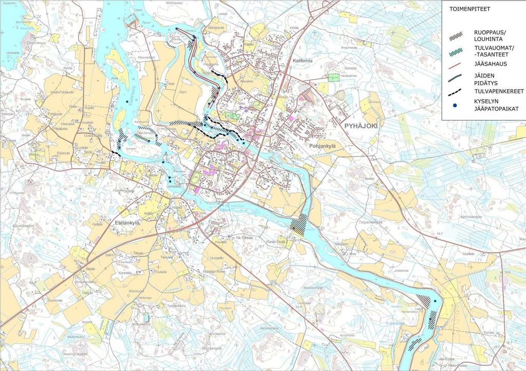 FCG SUUNNITTELU JA TEKNIIKKA OY Raportti 5 (40) 3.3 Jääsahaukset alueittain 3.3.1 Kittilänkoski Kuva 3. Jääsahauskartta v. 2013 sekä lähialueen tulvasuojelutoimenpiteet.