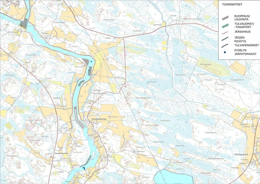 FCG SUUNNITTELU JA TEKNIIKKA OY Raportti 6 (40) 3.3.2 Halunen Kuva 4. Jääsahauskartta v. 2013 sekä lähialueen tulvasuojelutoimenpiteet.