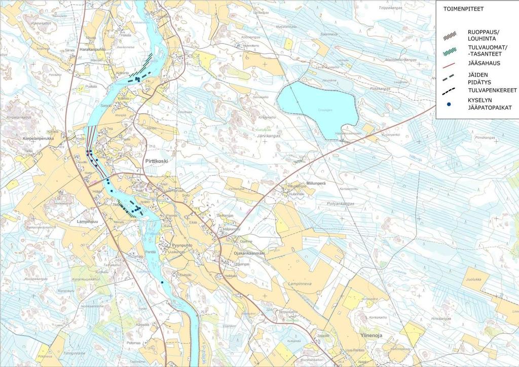 FCG SUUNNITTELU JA TEKNIIKKA OY Raportti 7 (40) 3.3.3 Pirttikoski Kuva 5. Jääsahauskartta v. 2013 sekä lähialueen tulvasuojelutoimenpiteet.