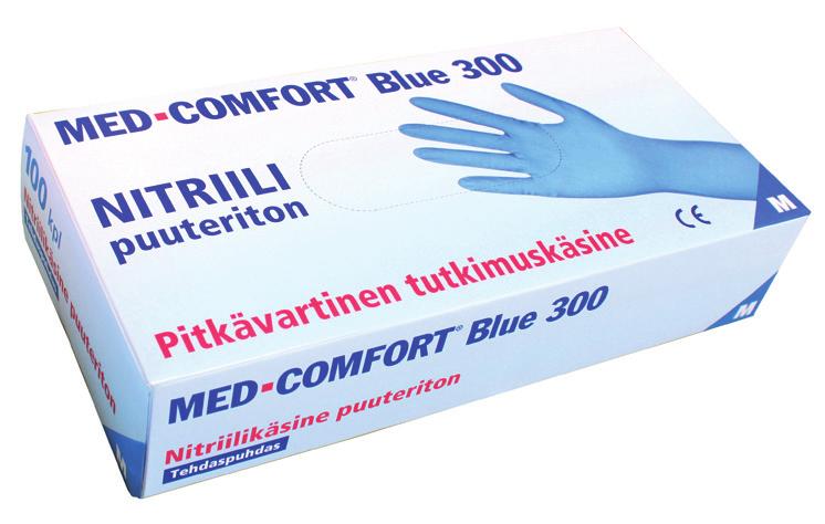 MED-COMFORT BLUE 300 NITRIILI TUTKIMUSKÄSINE pitkävartinen Pituus 30 cm Nitriili (lateksivapaa) Tehdaspuhdas Puuteriton Hyvä istuvuus Hyvä vetolujuus Erinomainen tuntoherkkyys