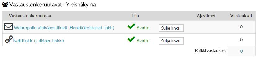 Kuva 21 Tämä taulukko näyttää vastaustenkeruutapojen tilan sekä vastausten määrät. o Resetoi kysely ja poista vastaukset The Reset Survey and Delete Answers function is located bellow this table.