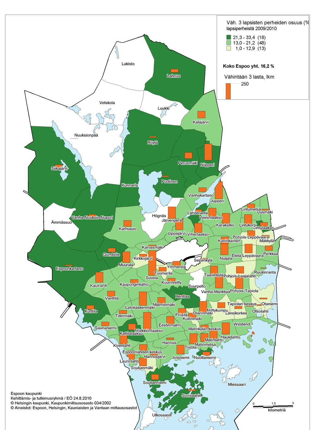 Kuva 2. Vähintään 3 lapsisten perheiden osuus lapsiperheistä vuodenvaihteessa 2009/10. (Karttaan merkitty Espoon tilastolliset pienalueet ja väh.