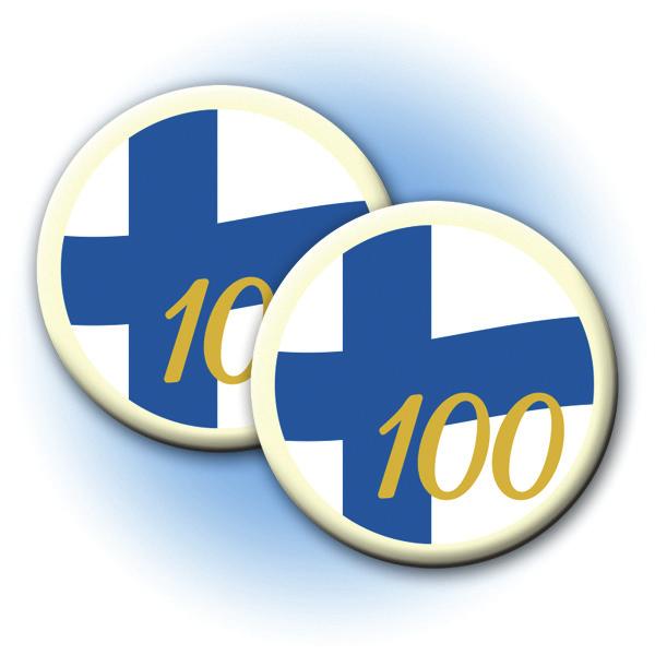 SUOMI 100 KAKUNKORISTEET Suomi 100 Ø 38 mm, valkosuklaa Valkoisesta suklaasta valmistettu näyttävä, pyöreä suklaalaatta Laatan Ø 38 mm T065647M 408 kpl/ltk Ainekset: Valkosuklaa [kaakaovoi, sokeri,