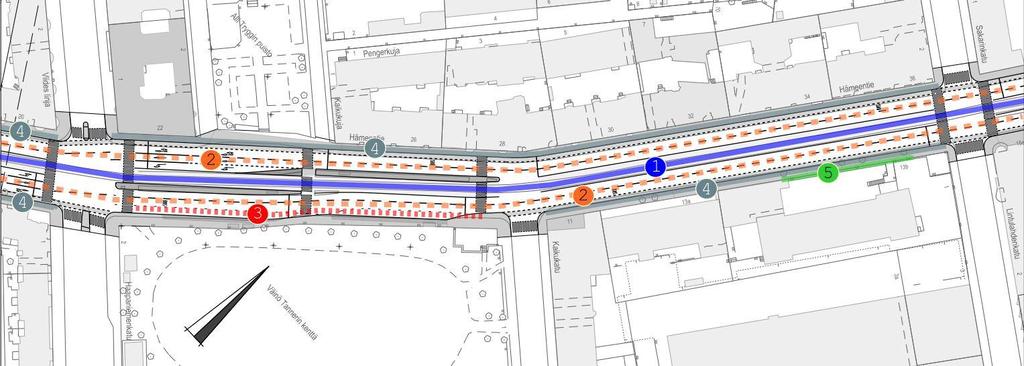 Kuva 14. Vaihtoehto B välillä Viides linja - Lintulahdenkatu. 1. Kadun keskelle rakennetaan 6,0 metriä leveä raitiotie. 2. Autoille, busseille ja pyörille on omat kaistansa samassa tasossa.