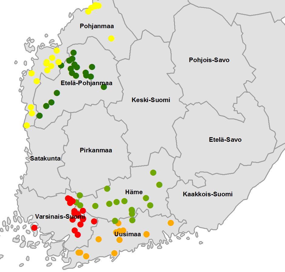 Kuminakierrostilat 2012 Yhteensä 85 kuminalohkoa Kuminan viljelyala 2012 ha Pohjanmaa 2 500 Etelä-Pohjanmaa 3 200