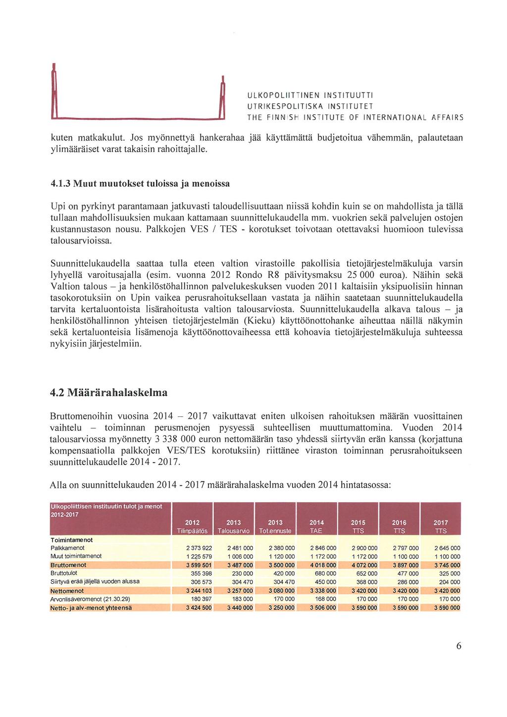 ULKOPOLNTTINEISi tnstituutti UTREKESPOLITISK^ fnstitutet THE FIMN-SH INSTITUTE OF INTERNATIONAL AFFAIRS kuten matkakulut Jos myonnettya hankerahaa jaa ka>tttamatta budjetoitua vahemman, palautetaan