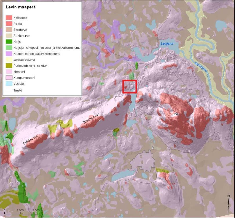 4 KALLIO- JA MAAPERÄ SEKÄ TOPOGRAFIA Levin alueen tunturit sijoittuvat länsi-itäsuuntaisesti kulkevalle kvartsiittikonglomeraattijaksolle.