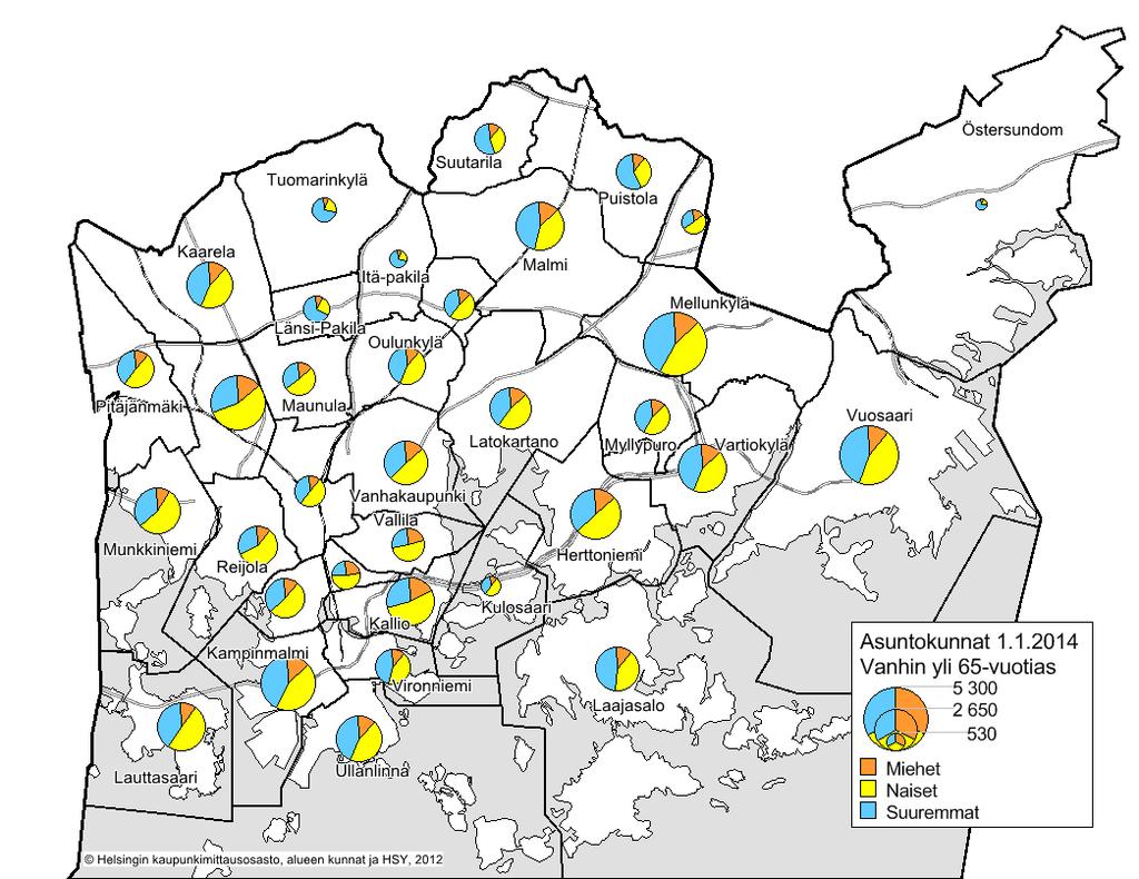 Asuntokunnat, joissa vanhimman ikä yli 65-vuotta 214 Alueet, joilla suurin osuus yksinasuvia miehiä: Kallio, Vallila, Alppiharju.