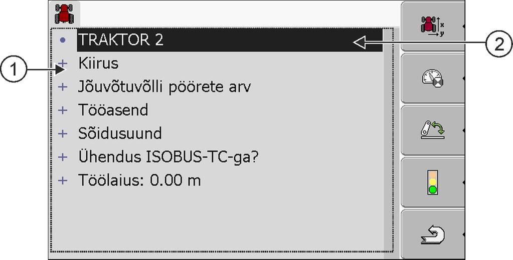 8 Rakendus Tractor-ECU Sõidukiprofiili parameetrite konfigureerimine Aktiveeritud sõidukiprofiil (sümbol on märgitud rohelisega) Kõigi saadaolevate sõidukiprofiilide loend Märgitud sõidukiprofiili