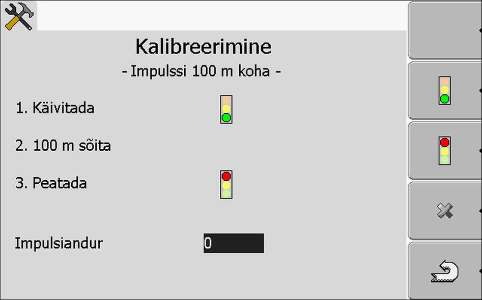 8 Rakendus Tractor-ECU Sõidukiprofiili parameetrite konfigureerimine Ühendatud masinaga sõiduk on 100 m sõiduks valmis ja asub tähistatud raja alguses. Terminaliga on ühendatud ratta- või radariandur.