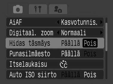 *Oletusasetus. Hitaan täsmäyksen asettaminen Kuvaaminen Voit ottaa kuvia käyttämällä salamaa ja pitkiä suljinaikoja. Tämä on kätevää kuvattaessa yöllä tai keinovalossa sisätiloissa.