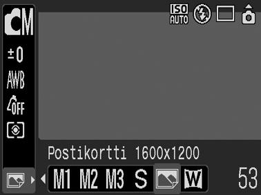 Postikorttitila Voit ottaa postikortteihin sopivia kuvia sommittelemalla kuvan nestekidenäytöllä näkyvän tulostusalueen sisäpuolelle (leveyden ja korkeuden suhde on noin 3:2). 1 FUNC.
