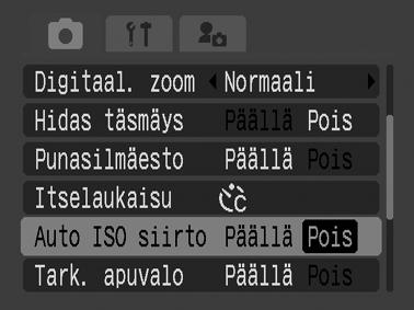 ISO-herkkyyden muuttaminen yhdellä painikkeella (Auto ISO siirto) Jos kuvauksen aikana näkyy kameran tärähtämisestä varoittava kuvake ( ), voit suurentaa ISO-herkkyyttä painamalla pelkästään