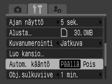 Automaattisen kääntötoiminnon asettaminen Kamerassa on suunta-anturi, joka havaitsee, jos kuva otetaan pystysuorassa olevalla kameralla, ja kääntää kuvan automaattisesti oikeansuuntaiseksi