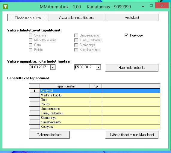 Tietojen haku tuotannonohjausjärjestelmästä ja lähettäminen Minun Maatilani -ohjelmistolle Käynnistä MMAmmuLink työpöydän pikakuvakkeesta tai kohteesta C:\Maa\Mtech\MMAmmuLink ja aktivoi Tiedoston