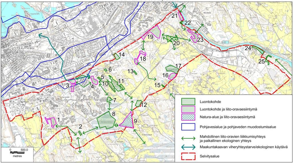 10(36) Lappeenrannan keskustaajaman osayleiskaava 2030, Eteläinen osa-alue vaihe 1 Veistonvuorelta Vanha-Mielon Natura-alueelle ulottuvalla alueella ja pohjoisessa Pajarilan alueella.