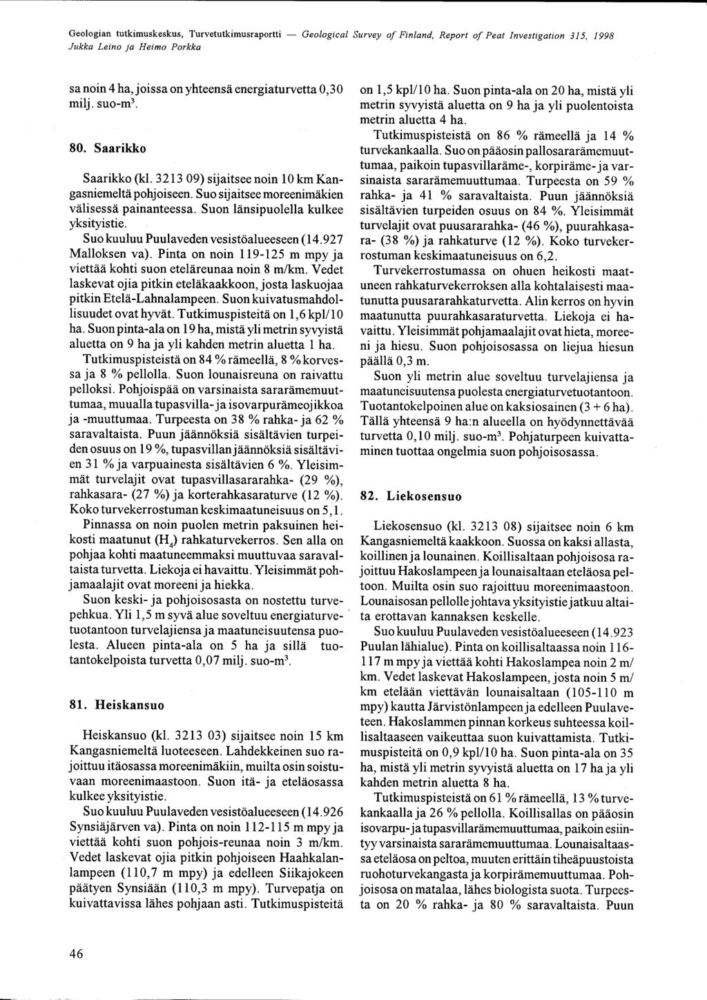 Jukka Leino ja Heimo Porkka sanoin 4 ha, joissa on yhteensä energiaturvetta 0,30 milj suo-m3 80 Saarikko Saarikko (kl 3213 09) sijaitsee noin 10 km KangasniemeltÄ pohjoiseen Suo sijaitsee