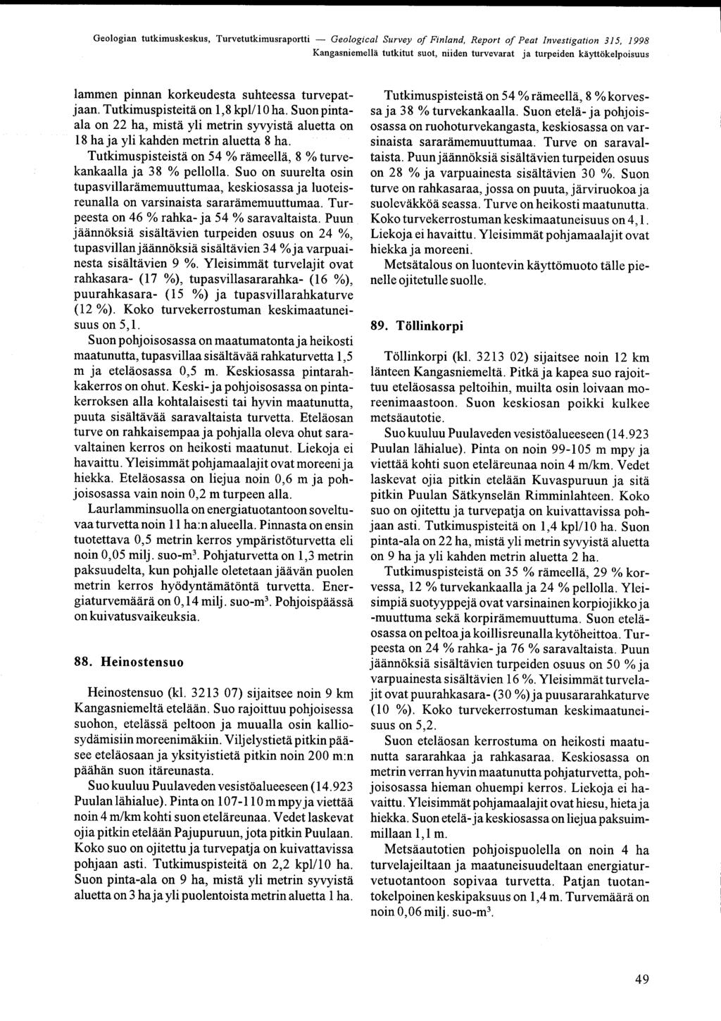 KangasniemellÄ tutkitut suot, niiden turvevarat ja turpeiden käyttökelpoisuus lammen pinnan korkeudesta suhteessa turvepatjaan TutkimuspisteitÄon 1,8 kpl/loha Suonpintaala on 22 ha, mistä yli metrin