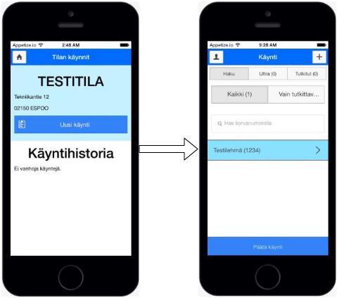 Tilasivulla sijaitsevaa Uusi käynti -nappia painamalla aloitetaan uusi käynti. Napin painamisen jälkeen siirrytään käyntisivulle, jossa on listattu tilan lehmät.