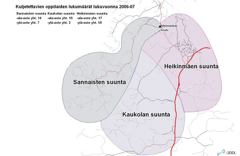 22 Merimaskun ja Naantalin Luonnonmaan palveluliikenneselvitys Kuva 4. Esimerkki palveluliikenteen toiminta-alueista Merimaskun oppilaskuljetuksissa. Kuva 5. Vesiorvontie syyskuussa 2006.