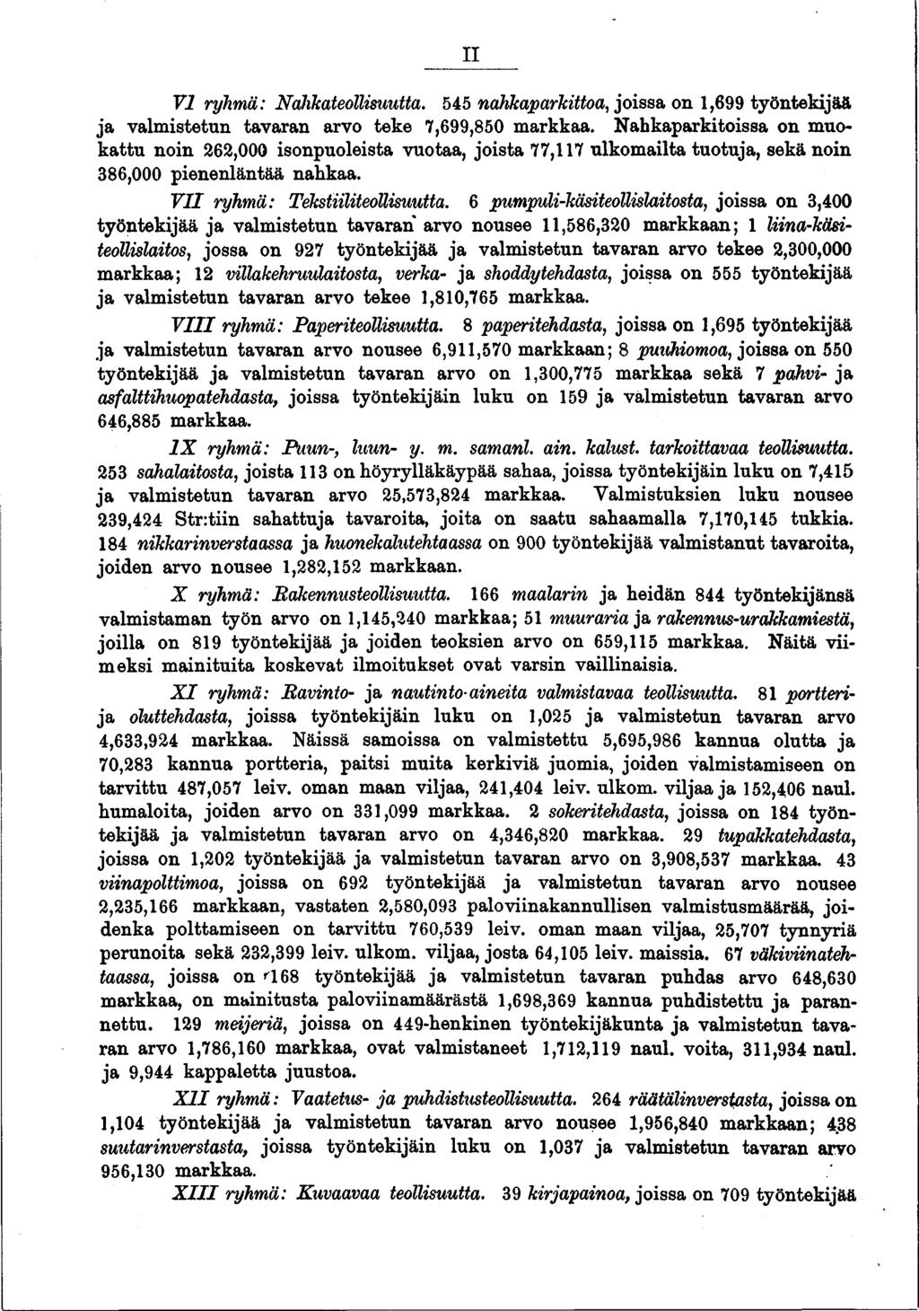 II VI ryhmä: Nahkateollisuutta. 545 nahkaparkittoa, joissa on,699 työntekijää ja valmistetun tavaran arvo teke 7,699,850 markkaa.