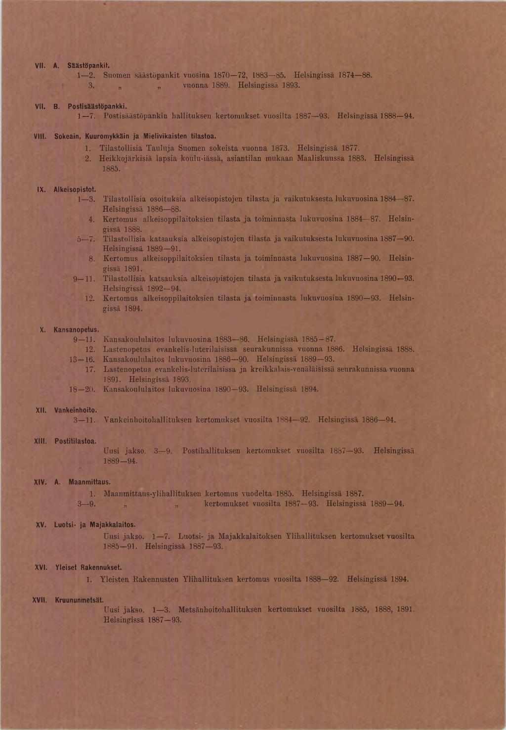 VII. A. Säästöpankit.. S u o m e n s ä ä s t ö p a n k it v u o s in a 8 7 0 7, 8 8 3 8 5. H e ls in g is s ä 8 7 4 8 8. 3. v u o n n a 8 8 9. H e ls in g is s ä 8 9 3. VII. B. Postisäästöpankki. 7. P o s t is ä ä s t ö p a n k in h a lli t u k s e n k e r t o m u k s e t v u o s i lt a 8 8 7 9 3.