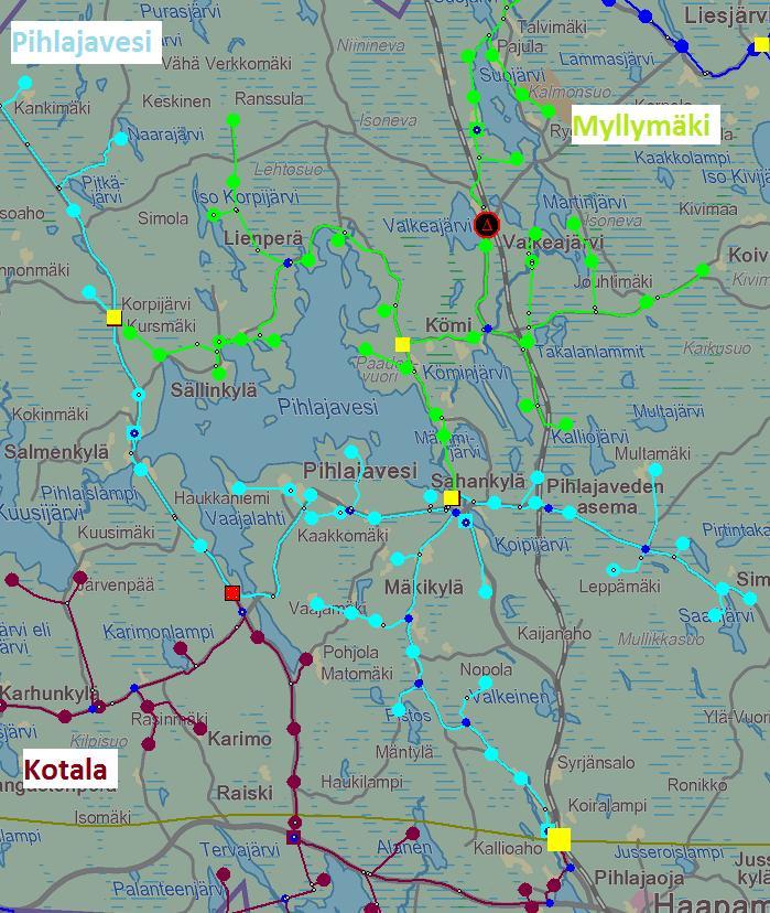 56 Kuva 10. Haapamäen sähköaseman korvauskytkentä. Taulukko 14. Haapamäen sähköaseman kiskostovaurion aikaisen kytkentätilanteen tehonjakolistauksen tulokset.