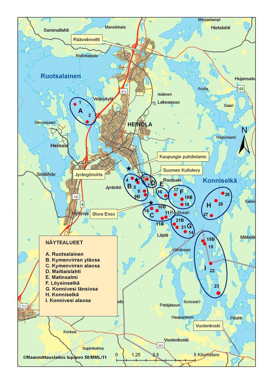Kuva 1. Heinolan alapuolisen vesialueen pohjaeläintutkimuksen näyteasemat (punaiset pisteet) ja jätevesien purkupisteet (mustat tähdet).