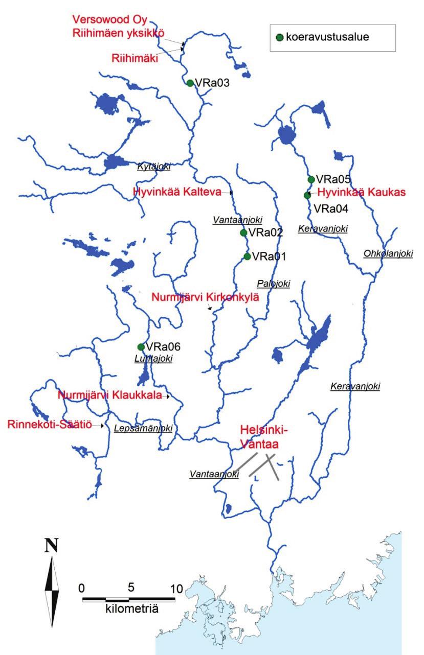 6 Koeravustukset Vantaanjoen vesistön koeravustukset tehtiin kuudella eri alueella 9.8. 11.8.2016 (kuva 26). Koealojen koordinaatit on esitetty liitteessä 9.