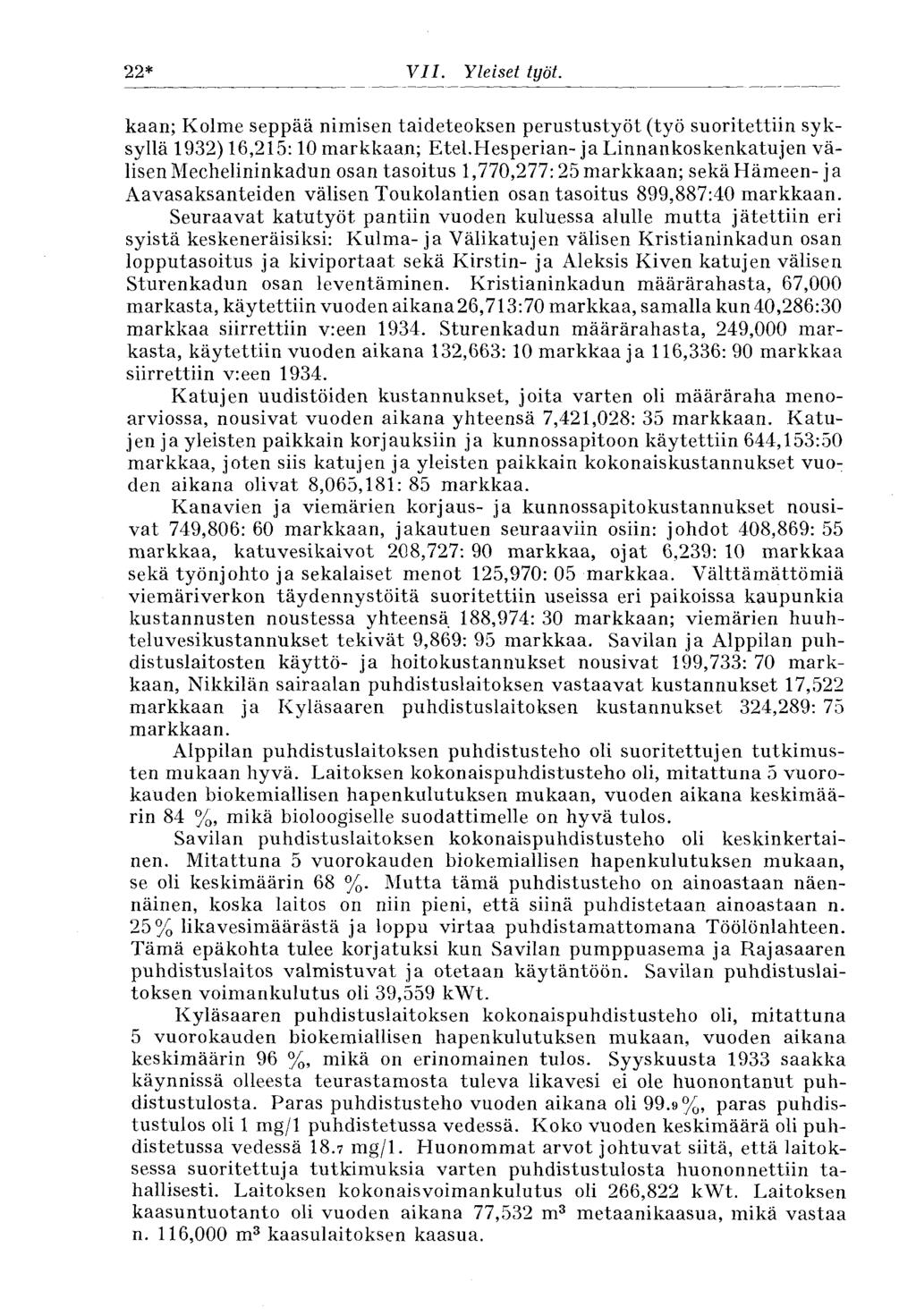 22* VII. Yleiset työt. kaan; Kolme seppää nimisen taideteoksen perustustyöt (työ suoritettiin syksyllä 1932) 16,215:10 markkaan; Etel.