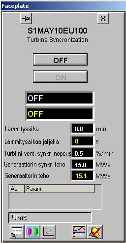 esitetty): - Lämmitysaika 0,0 min - Synkronisointi nopeus 0,5 %/min - Generaattorin sync.