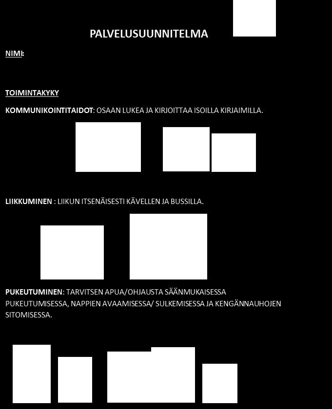 Tuotos pvm PALVELUSUUNNITELMA HENKILÖTIEDOT Nimi Henkilötunnus Osoite Puhelinnumero Vanhempien/huoltajan/edunvalvojan nimi, osoite, puhelinnumero ja sähköposti osoite Muut läheiset henkilöt,