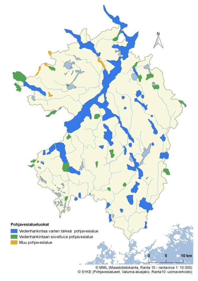 Vesistöalueella on 71 pohjavesialuetta (1 ja 2 luokan).