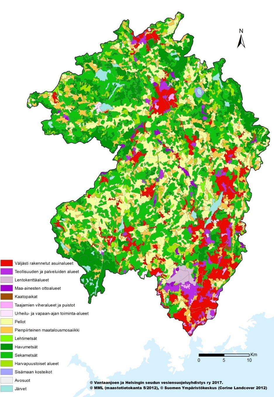 Vantaanjoen vesistöalueen maankäyttö (Corine 2012 aineisto).