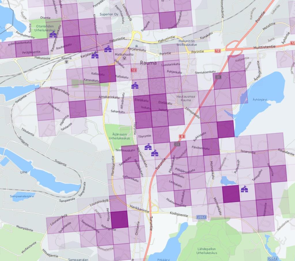 OPISKELIJATIHEYS Kuvassa on tarkastelualueen opiskelijatiheyskartta (7-18 vuotiaat) 250x250m ruudukkokoko Vuoden 2014 tilastokeskuksen aineisto Lähialueilta (mm.