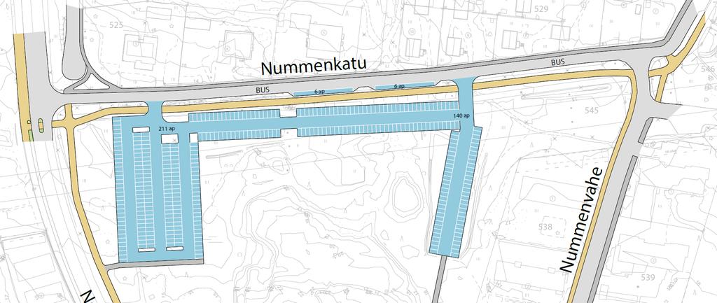 NUMMENKADUN JA TÖYRYNTIEN TAVOITETILA Katkaistaan Töyryntien yhteys eteläpäästä ja rakennetaan kääntöpaikka. Linjataan jalkakäytävä Töyryntien itäpuolelle.