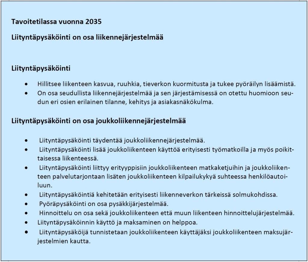 12 HLJ 2015 -suunnitelmassa on esitetty, että liityntäpysäköinnin kehittämisessä pyritään yksityisten toimijoiden kanssa toteutusratkaisuun esimerkiksi kaavoituksen avulla.