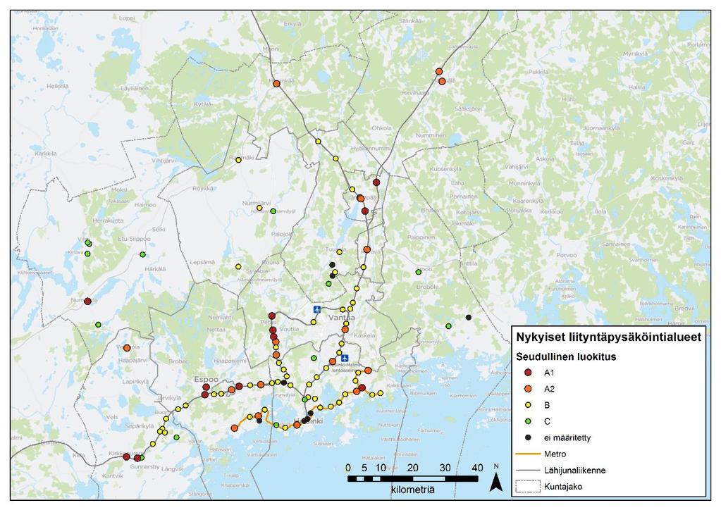 16 Kuva 5. Nykyisten liityntäpysäköintialueiden vuoden 2012 liityntäpysäköintistrategian mukainen seudullisuusluokitus. Taulukko 1. Nykyiset paikkamäärät ja kuormitusasteet.