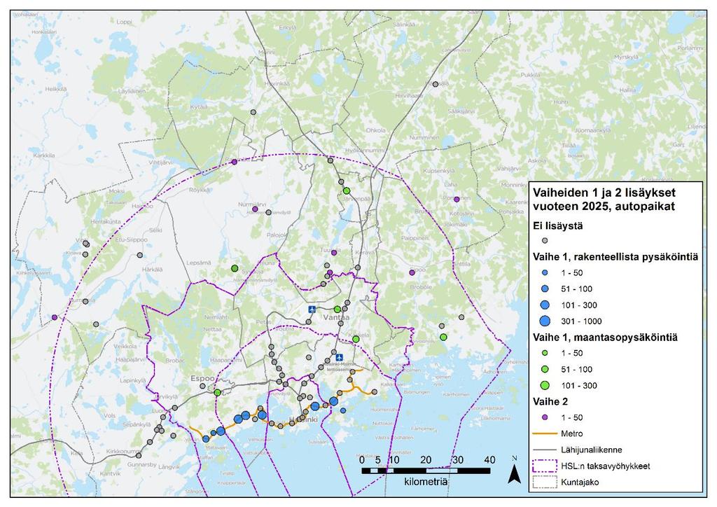 53 Kuva 32. Vaiheiden 1 ja 2 autopaikkalisäys vuoteen 2025 paikallisesti merkittävillä ja muilla liityntäpysäköintialueilla.